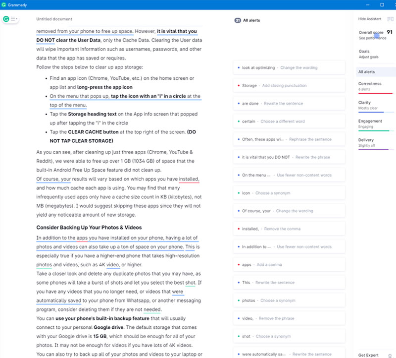 grammarly article review screen