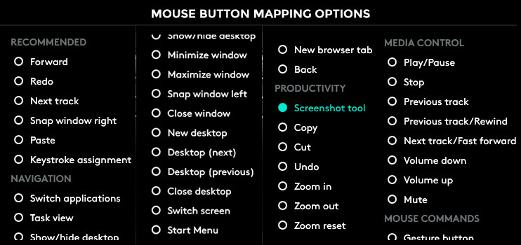 logitech mx master 3 mouse button mapping option screen
