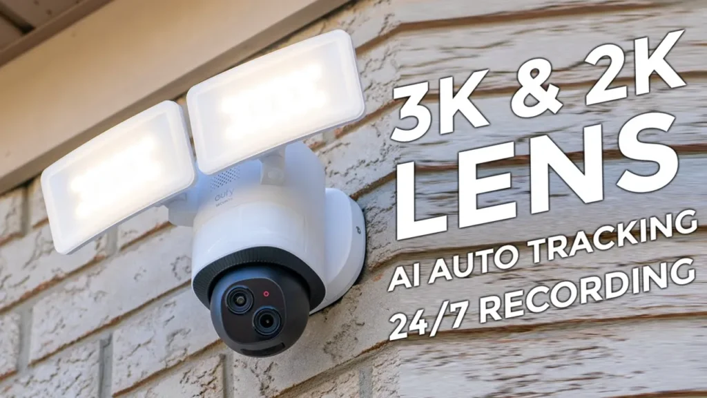 Video thumbnail — eufy Floodlight Cam E340 - 3K & 2K Lens | AI Tracking | 24/7 Recording
