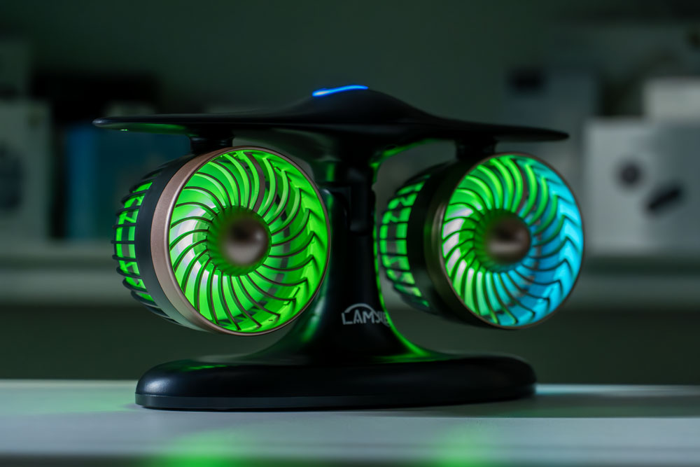 LAMJIE J-2 Desk Fan - RGB On - Dark Room